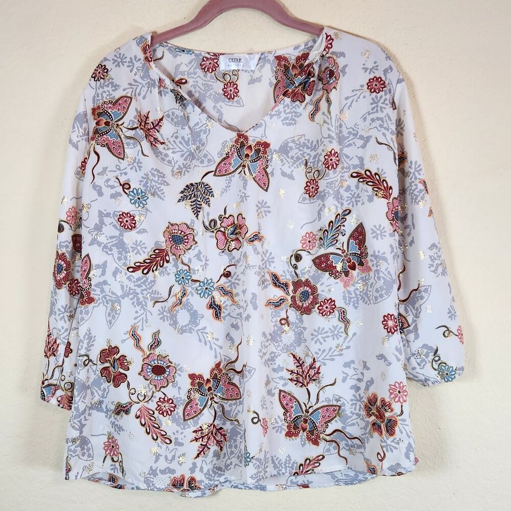 Cure Large Floral Blouse Navy Roll‎ Tap Sleeves butterfly gold shimmer Office PL